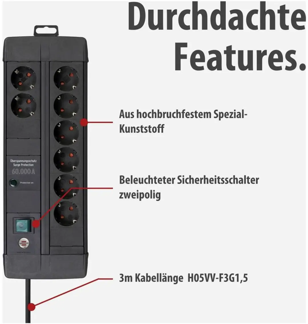Brennenstuhl Premium-Line 60.000A 8-voudig Overspanningsbeveiliging - 3m