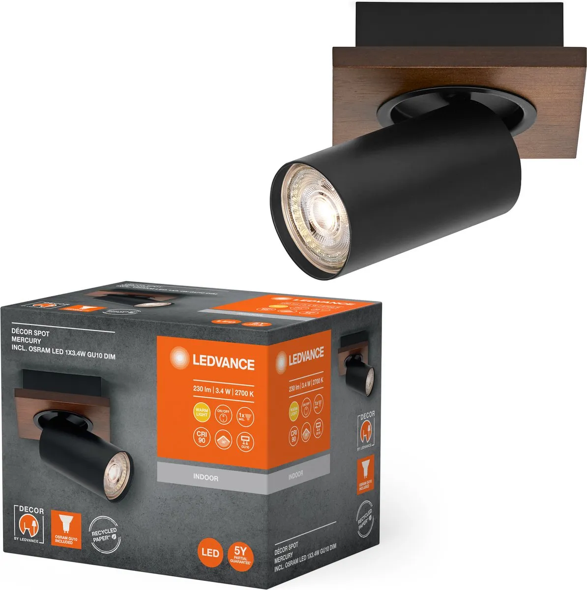 LEDVANCE Decor Spot Mercury GU10 - 3,4W 230lm Warm Wit - Zwart