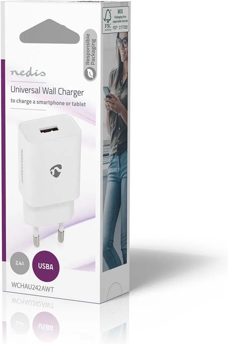 Nedis WCHAU242AWT Oplader 12W - USB-A - Wit