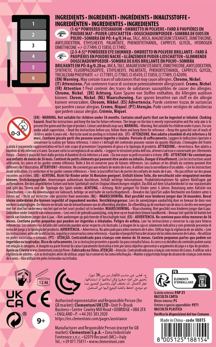 Clementoni Crazy Chic Oogschaduw Palet Party Queen - 6 Kleuren