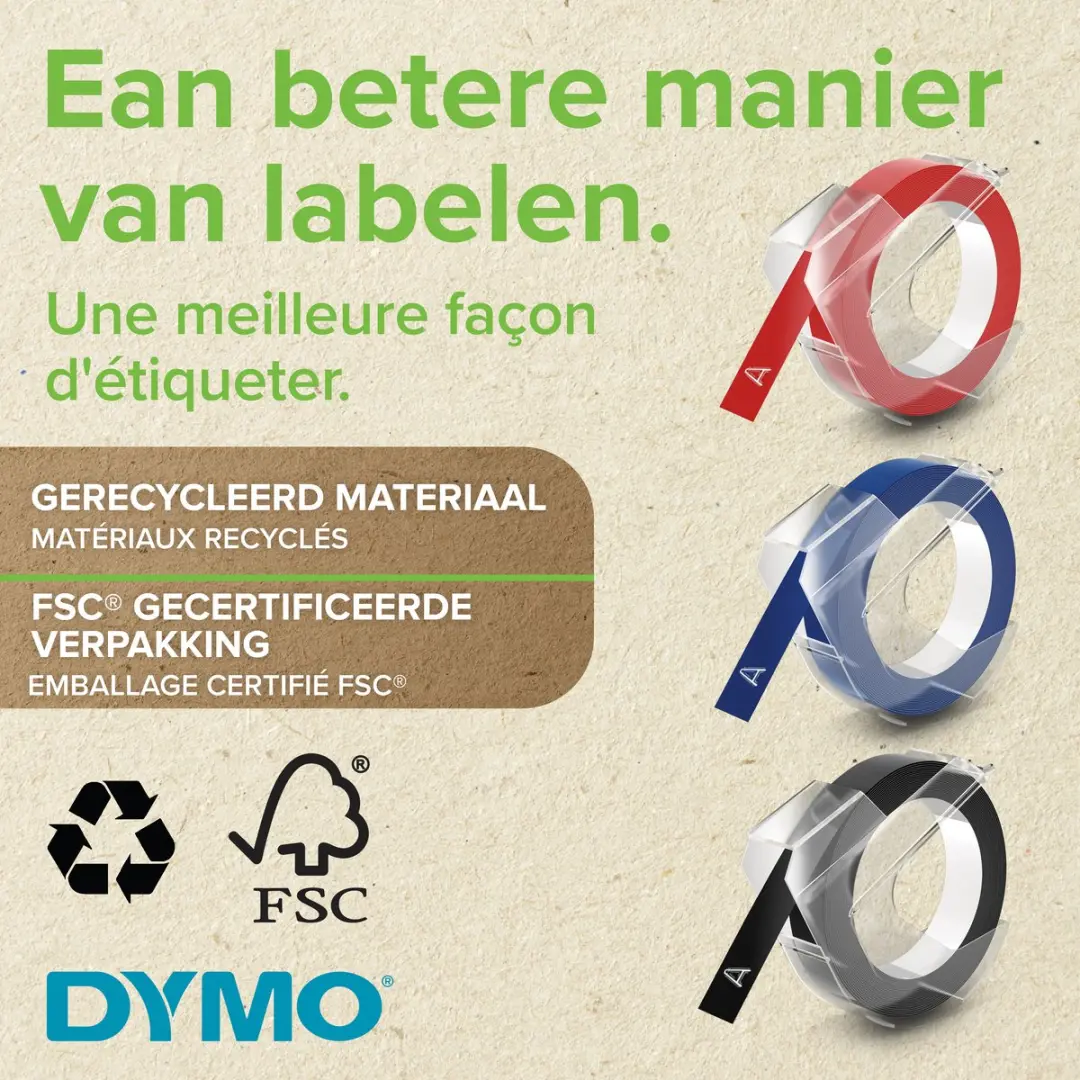 DYMO S0847750 Reliëftape 9mm x 3m - 3 Stuks - Blauw/Rood/Zwart