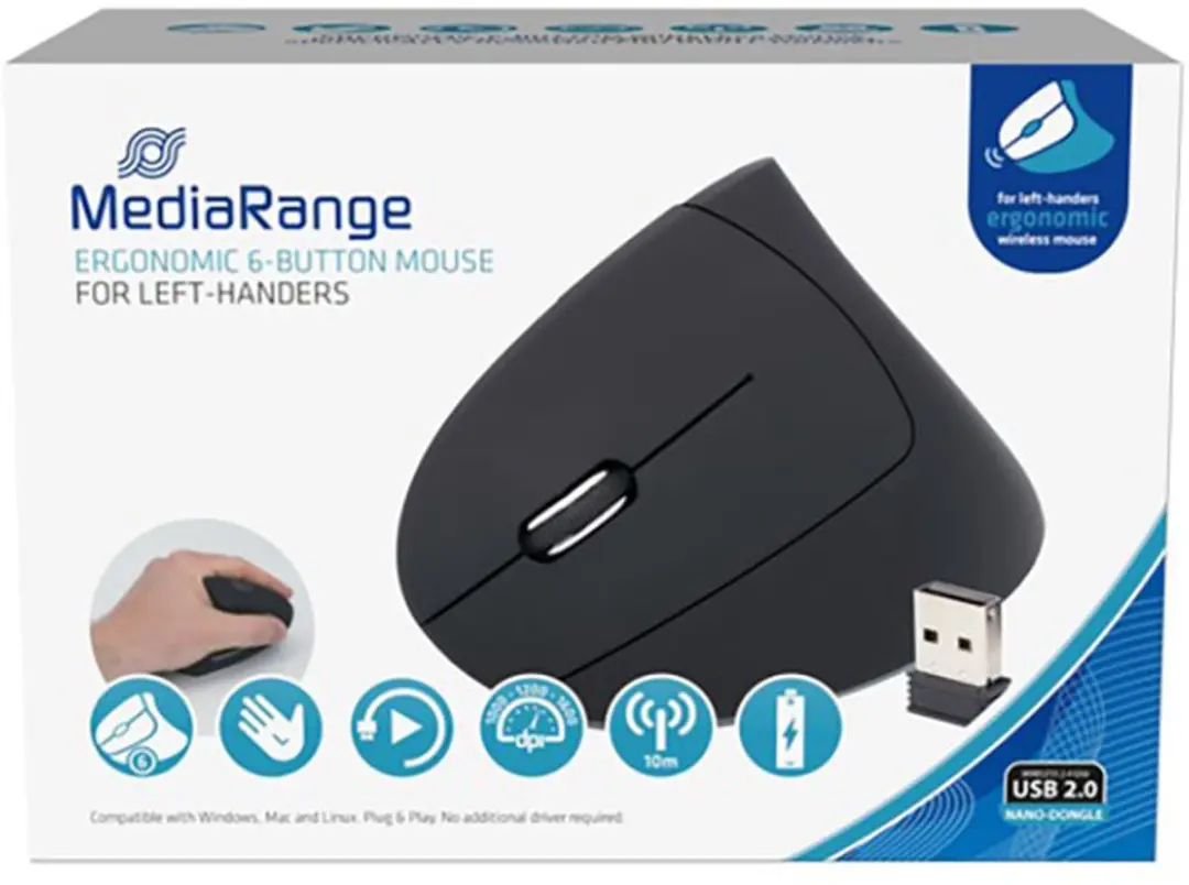 MediaRange MROS233 Linkshandige Draadloze Muis 1600 DPI - Zwart