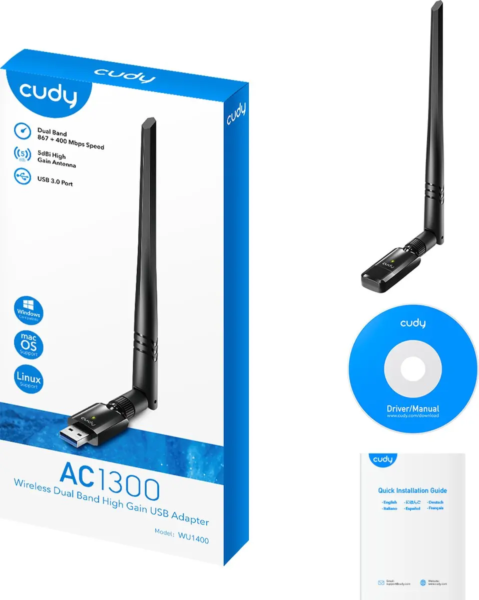 Cudy WU1400 Wi-Fi USB 3.0 Adapter 1300Mbps - Zwart