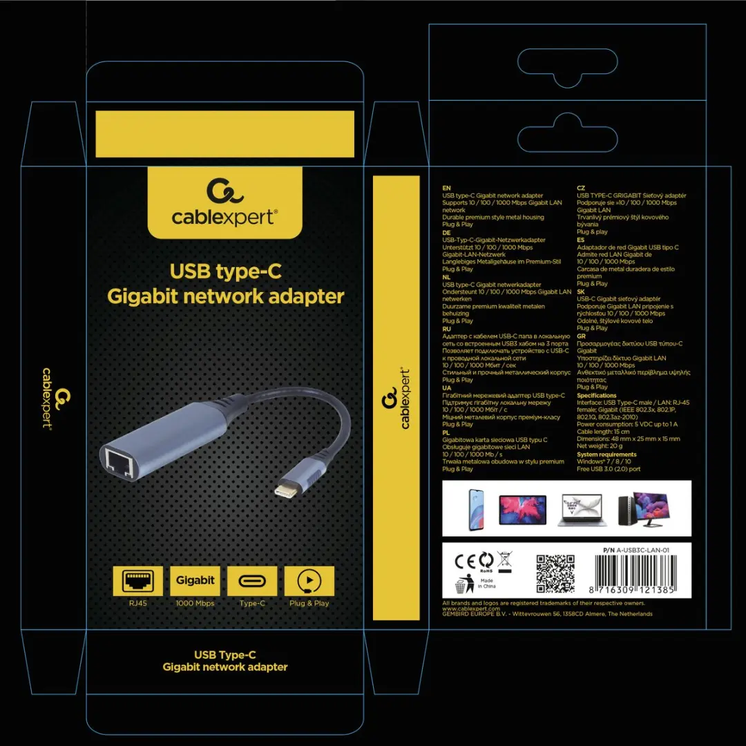 Cablexpert A-USB3C-LAN-01 USB-C naar Ethernet Adapter - Donkergrijs-Zwart
