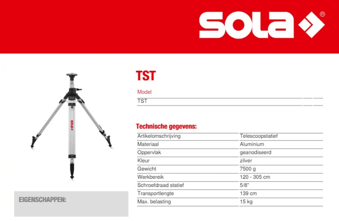 Sola TST Telescoopstatief 71121501 - 15kg - Zilver
