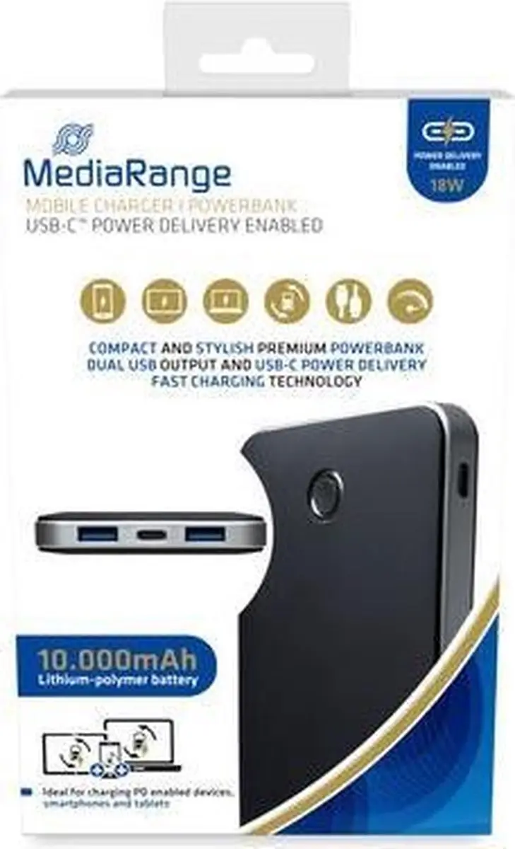 MediaRange Powerbank 10000mAh - 4x Smartphone - USB-C/Micro USB - Zwart