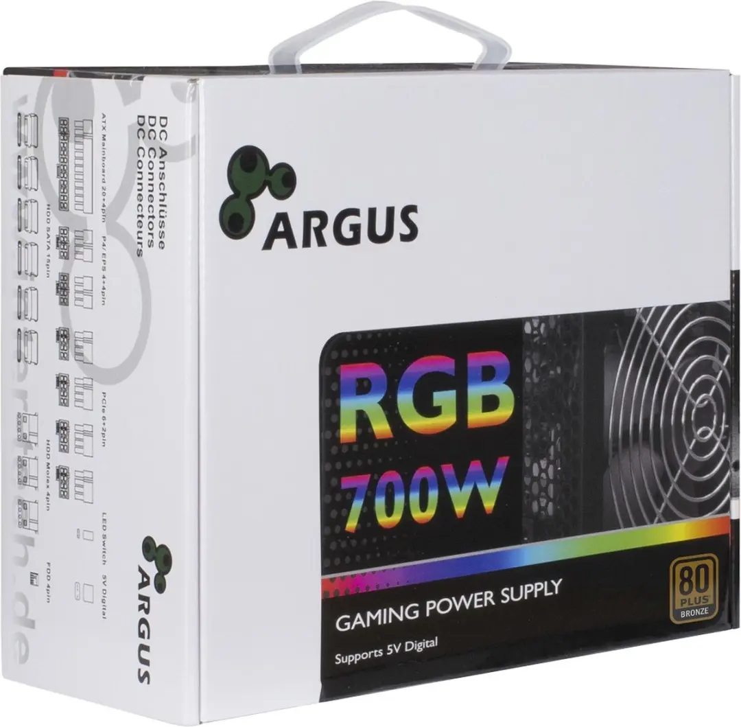 Intertech Argus RGB-700W II Voeding - 700W - ATX 20+4 Pin - Zwart