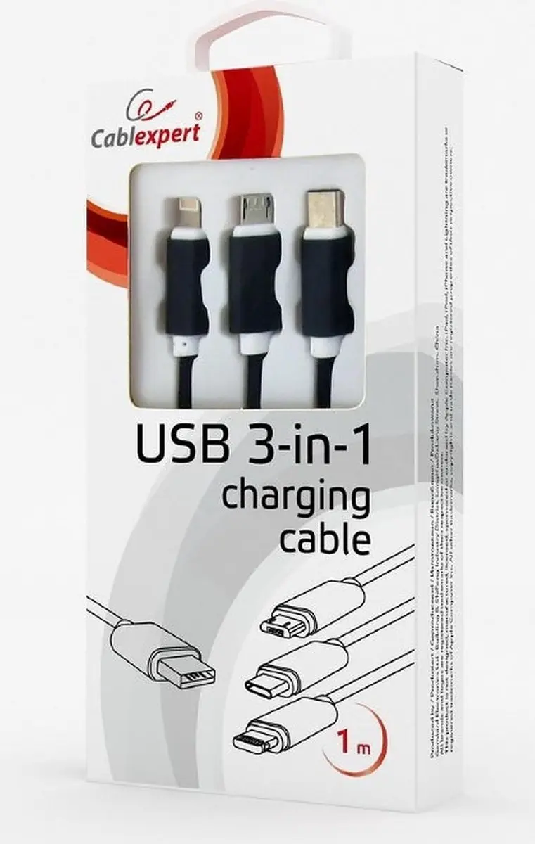 Cablexpert 3-in-1 USB Laadkabel 1m - Zwart