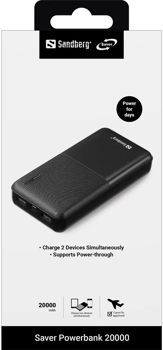 Sandberg Saver Powerbank 20000mAh - 2 Outputs - Zwart