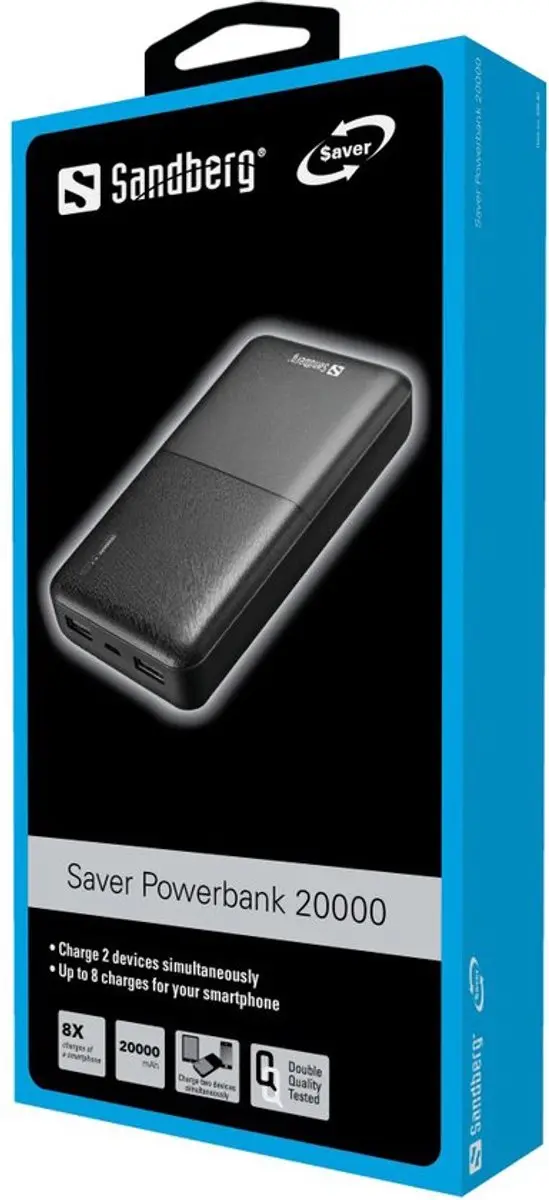 Sandberg Saver Powerbank 20000mAh - 2 Outputs - Zwart - afbeelding 6 van 6