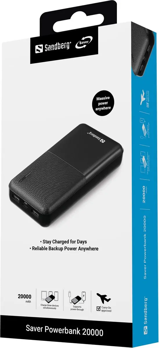 Sandberg Saver Powerbank 20000mAh - 2 Outputs - Zwart