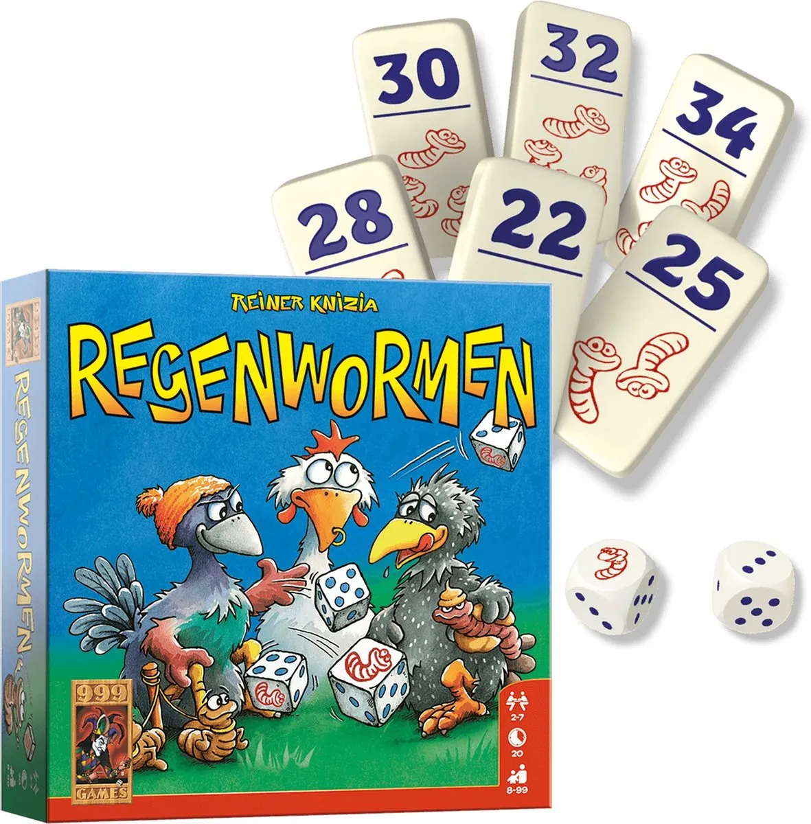 999 Games Regenwormen Dobbelspel 999-RGW01 - 16 Tegels - 2-7 Spelers - Blauw