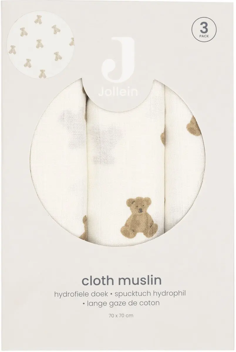 Jollein Hydrofiele Doek Small 70x70cm Mini Teddy Bear - 3 Stuks