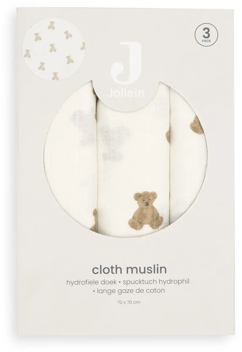 Jollein Hydrofiele Doek Small 70x70cm Mini Teddy Bear - 3 Stuks - afbeelding 6 van 6