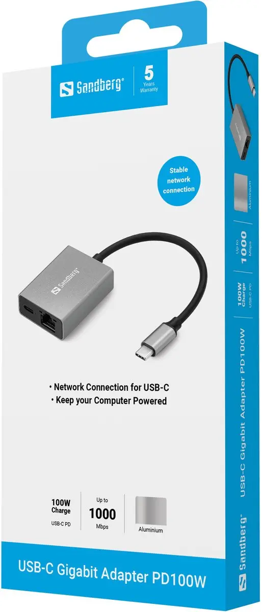 Sandberg USB-C Gigabit Adapter PD100W - Grijs