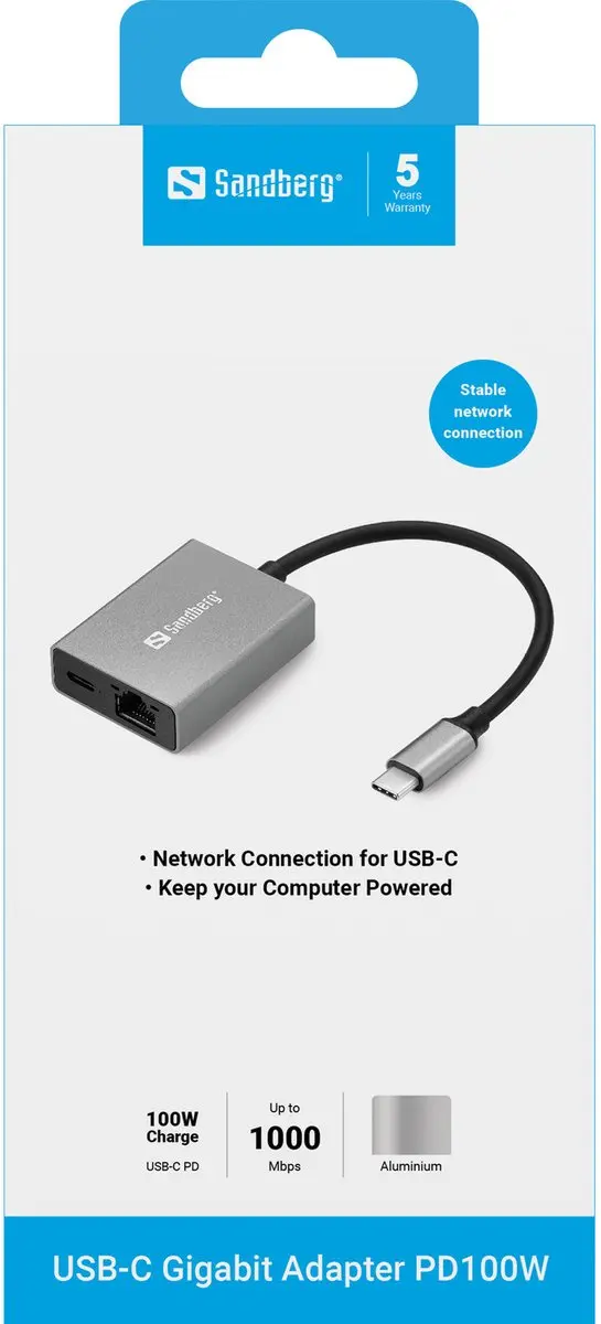 Sandberg USB-C Gigabit Adapter PD100W - Grijs
