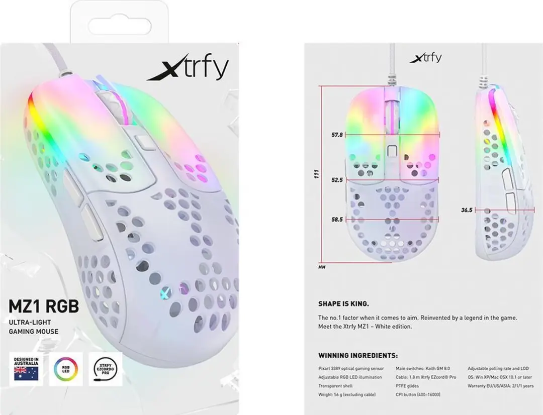 Cherry XTRFY MZ1 Gaming Muis 16000 DPI - Wit