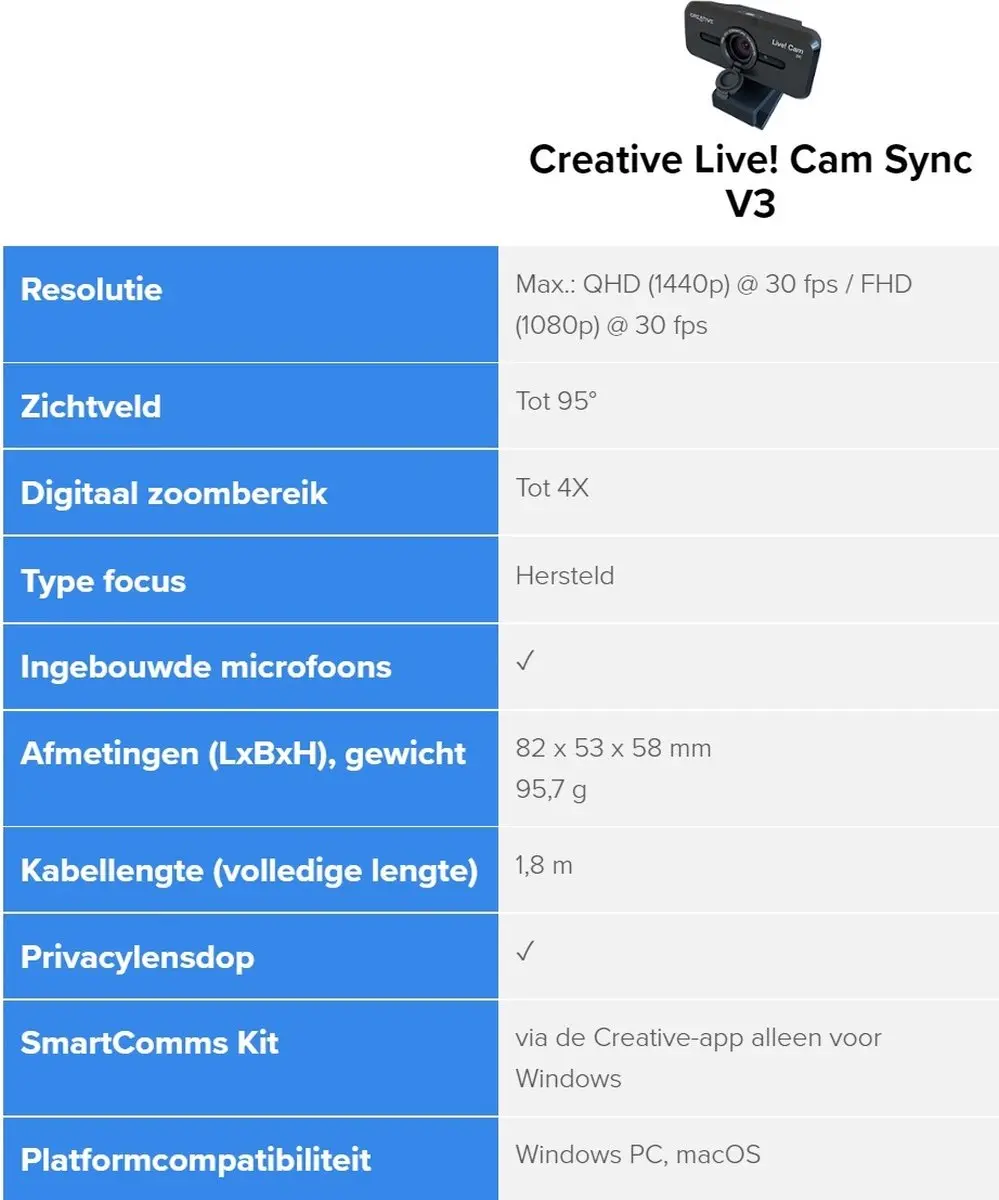 Creative Live! Cam Sync V3 73VF090000000 Webcam - 2K QHD - Zwart