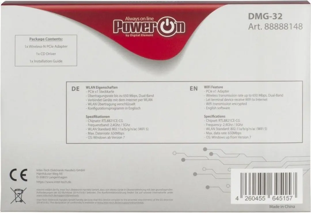 Intertech DMG-32 WLAN-adapter PCIe x1 - Wi-Fi 5 650Mbps - Zwart/Zilver