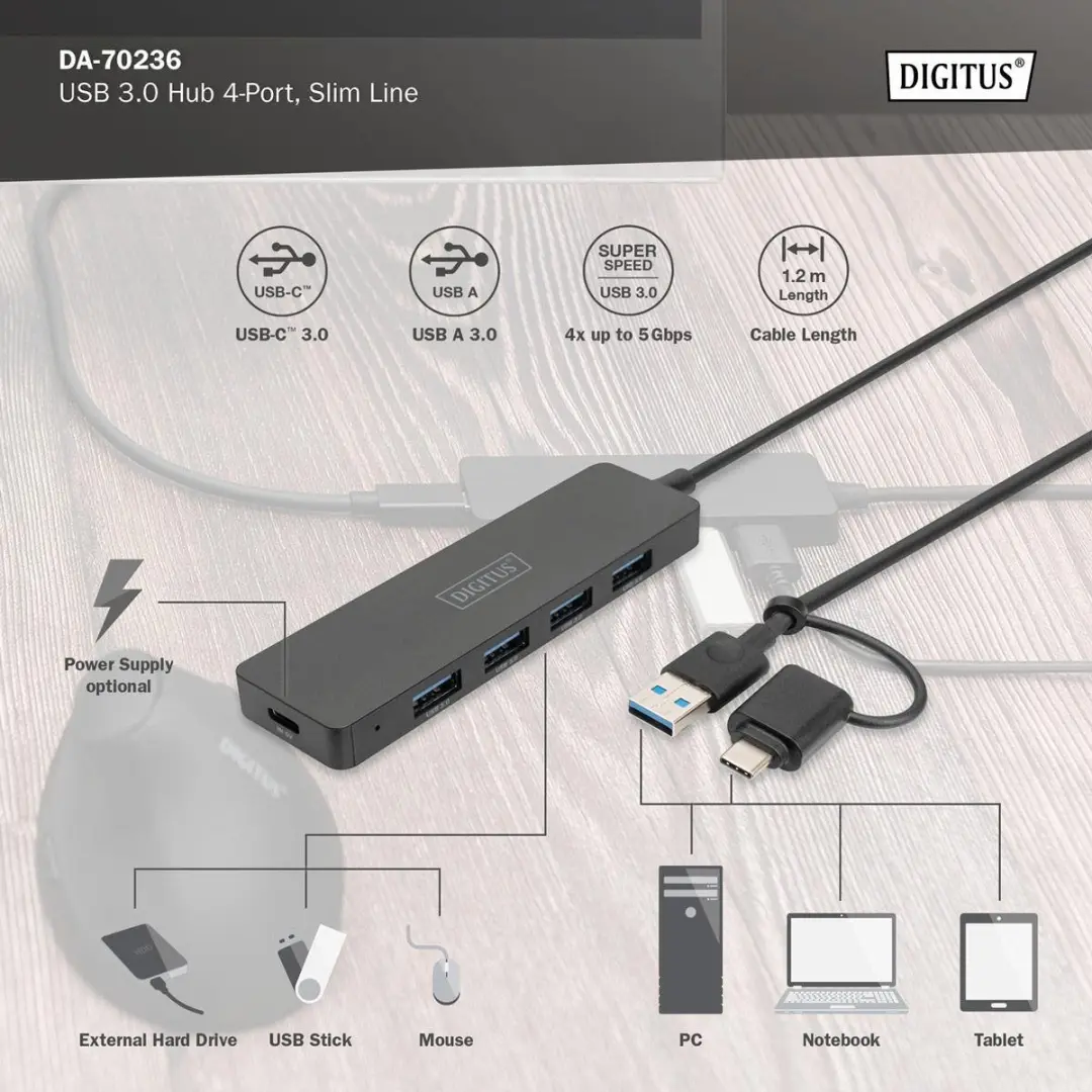 Digitus DA-70236 USB-Hub 4x USB-A + USB-C Adapter - Zwart