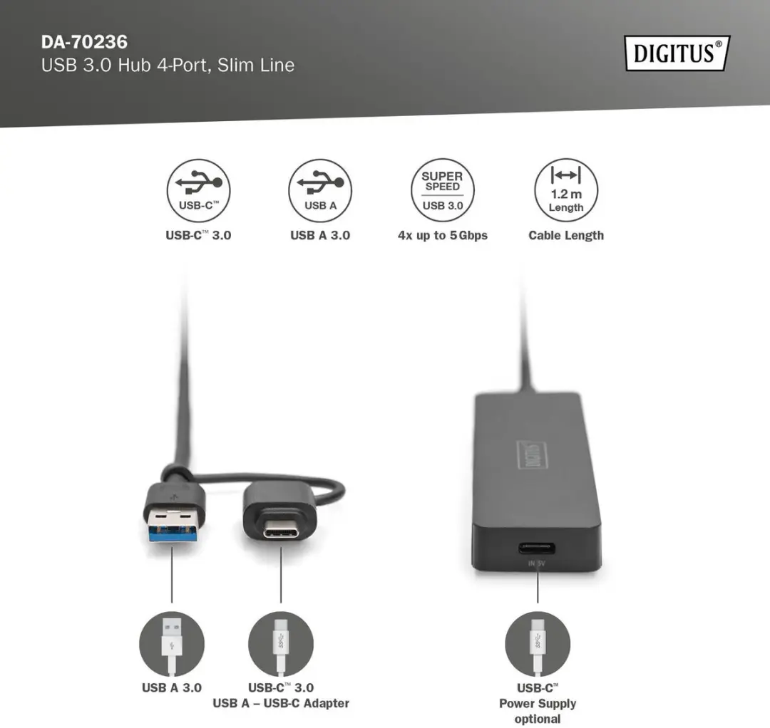 Digitus DA-70236 USB-Hub 4x USB-A + USB-C Adapter - Zwart