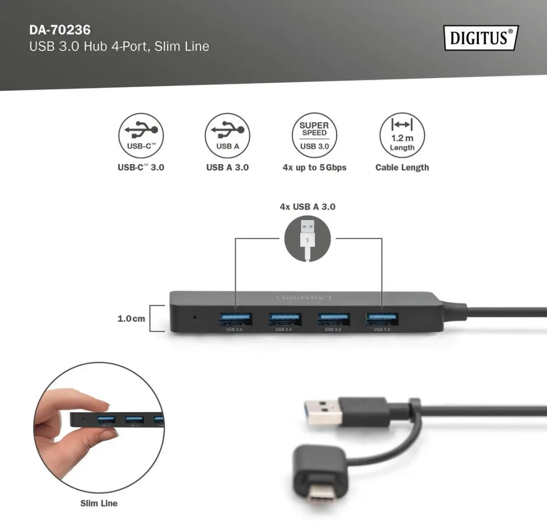 Digitus DA-70236 USB-Hub 4x USB-A + USB-C Adapter - Zwart
