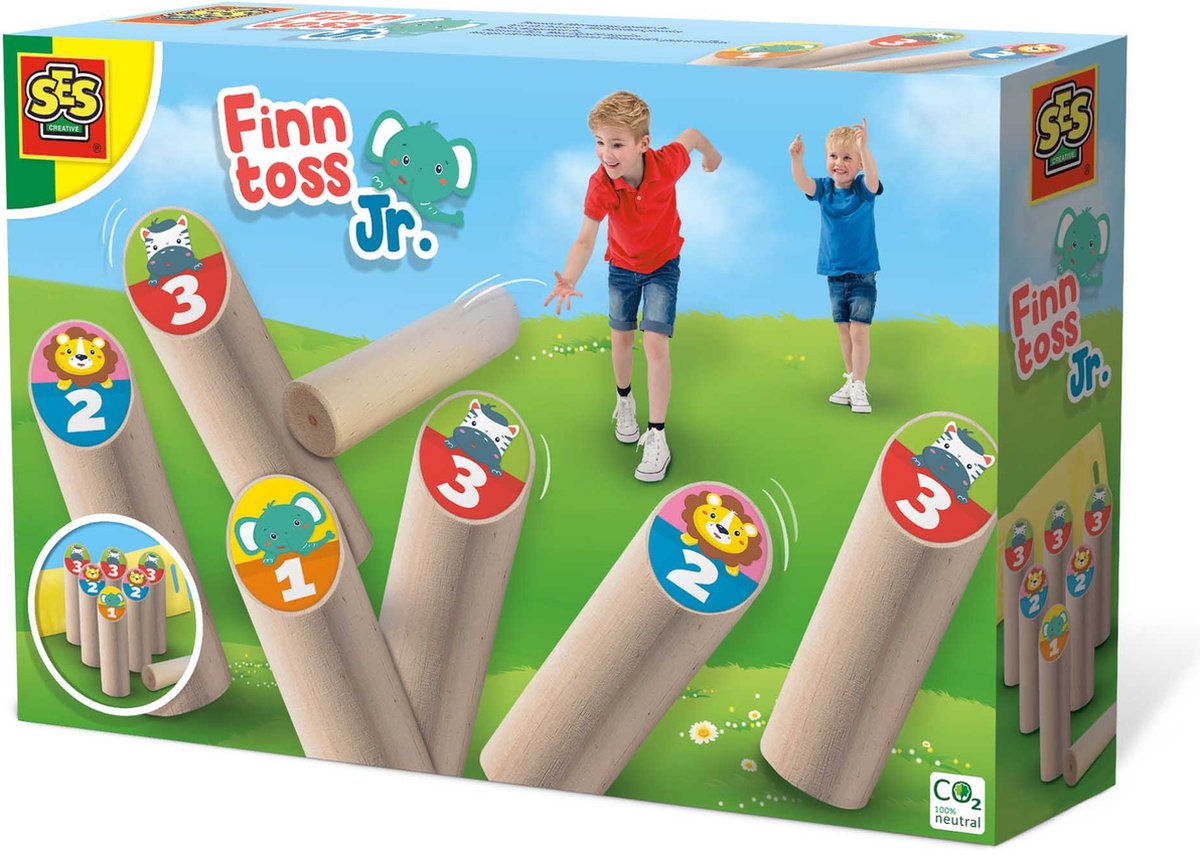 SES - Finntoss Jr. - Fins kegelen Junior - vrolijke, echt houten onderdelen - in handige bewaartas - Buiten Spelen - Gezelschapsspel