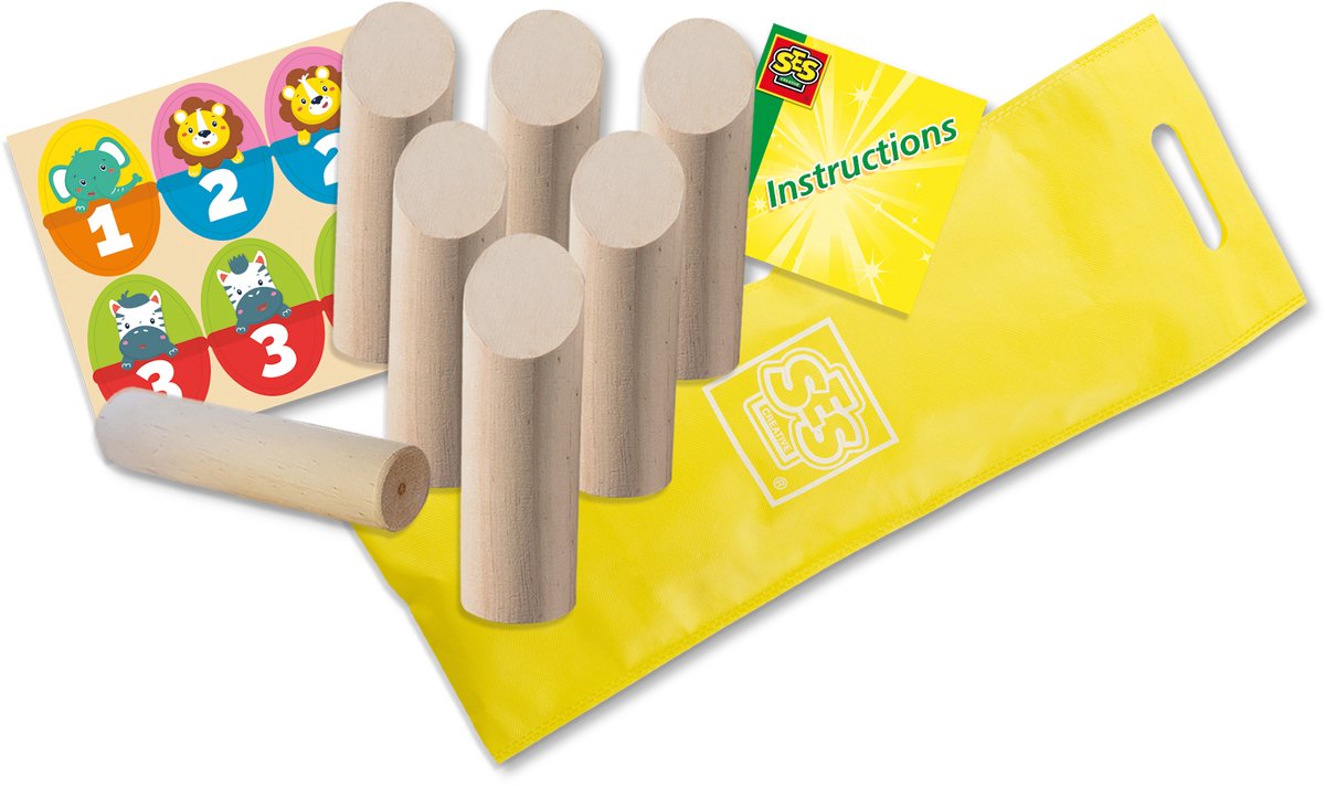 SES - Finntoss Jr. - Fins kegelen Junior - vrolijke, echt houten onderdelen - in handige bewaartas - Buiten Spelen - Gezelschapsspel