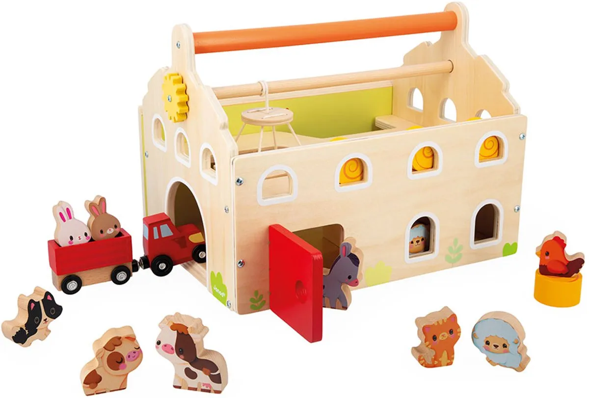 Janod Boerderij - Mijn Eerste Boerderij - Met 17 Accessoires En Een Handvat Om De Houten Boerderij Gemakkelijk Mee Te Nemen - Geschikt Vanaf 2 Jaar