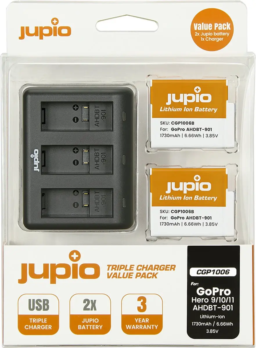 Jupio Enduro Battery Pack 2x 1730mAh + Triple USB Lader - GoPro HERO 9/10/11