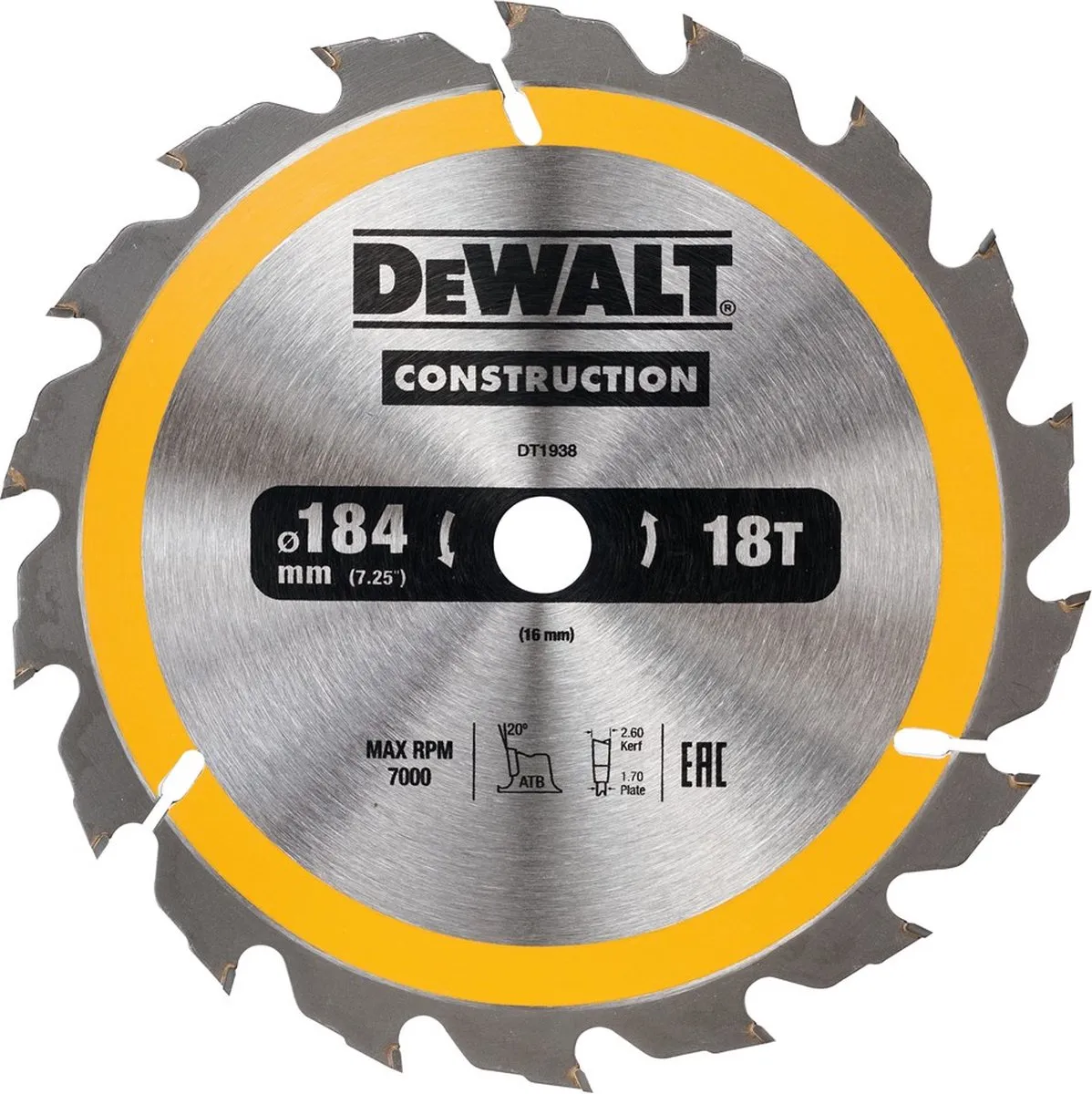 DeWalt DT1938-QZ Cirkelzaagblad Hout 184mm 18T