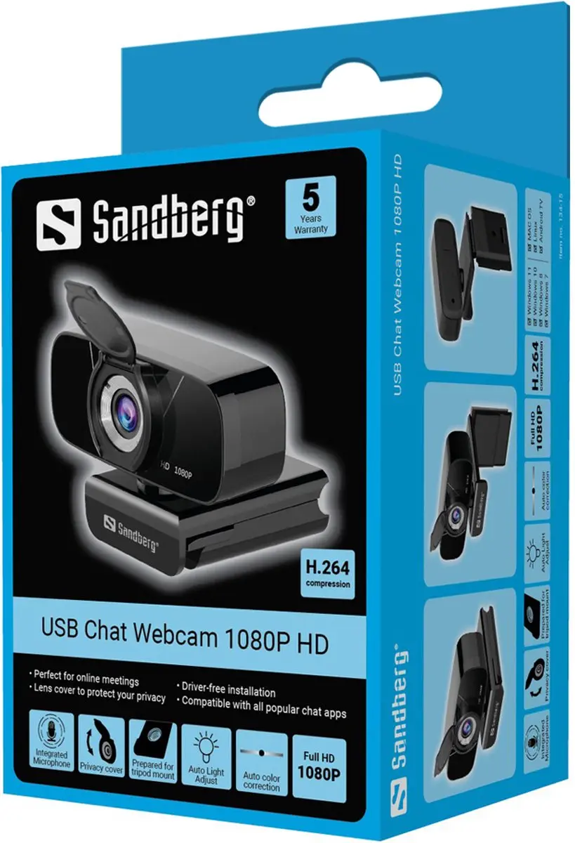Sandberg USB Chat Webcam 134-15 - 1080P HD - Zwart - afbeelding 6 van 6