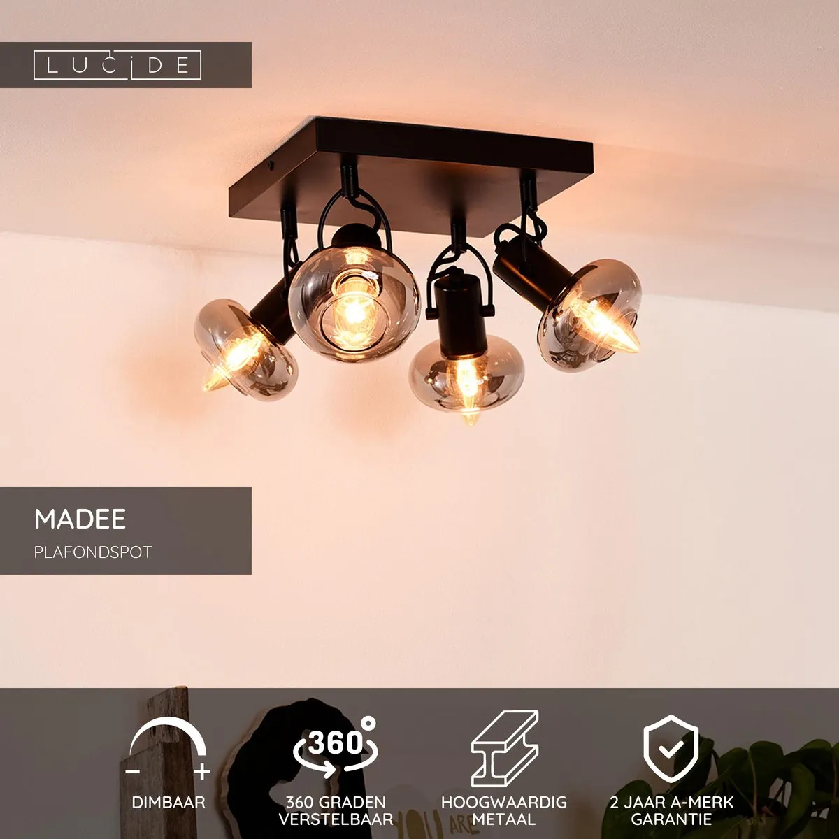 Lucide MADEE Plafondspot 4xE14 - Zwart