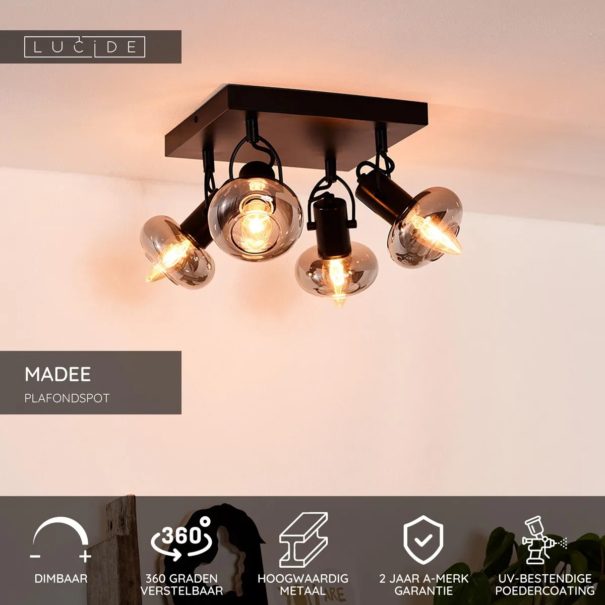 Lucide MADEE Plafondspot 4xE14 - Zwart
