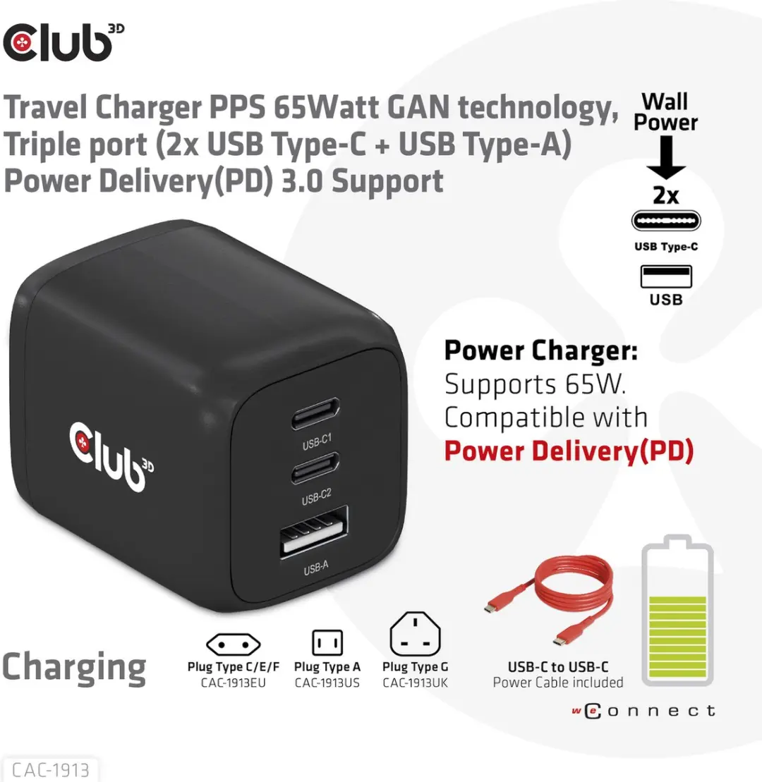 Club3D CAC-1913 Travel Charger PPS 65W - 3x USB - Zwart