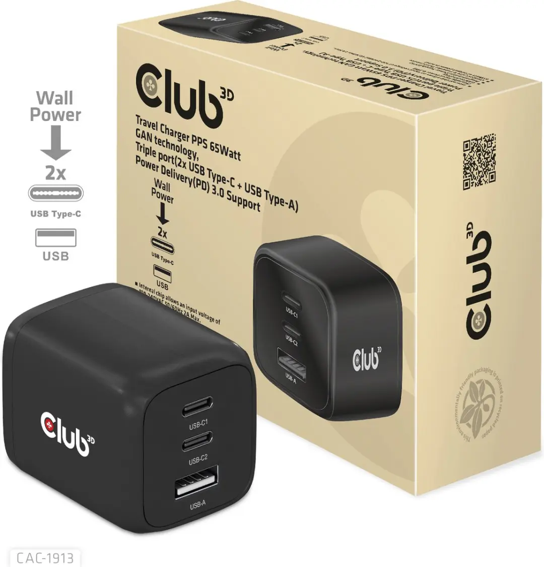 Club3D CAC-1913 Travel Charger PPS 65W - 3x USB - Zwart