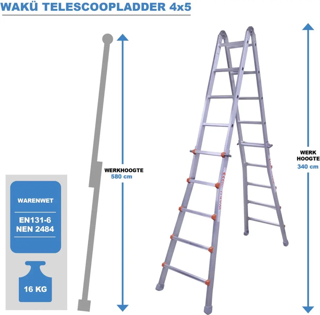 Waku Telescopische Vouwladder 4x5 Sporten - Aluminium - afbeelding 6 van 6
