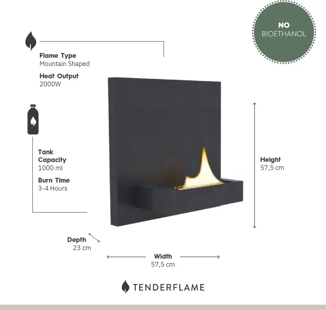 Tenderflame Square 180 Design Haard - 2000W - Schwarz