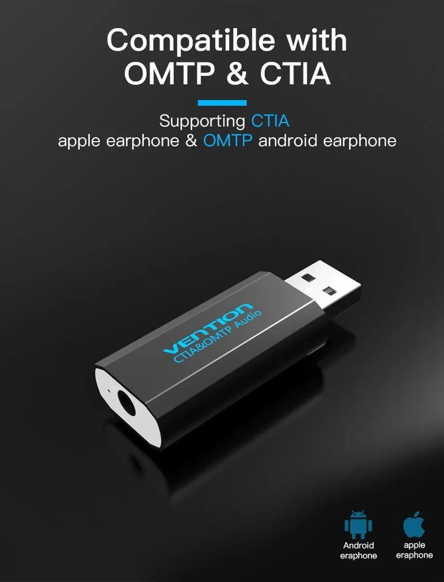 Vention V014-B USB Geluidskaart - 3.5mm AUX/Microfoon - Zwart