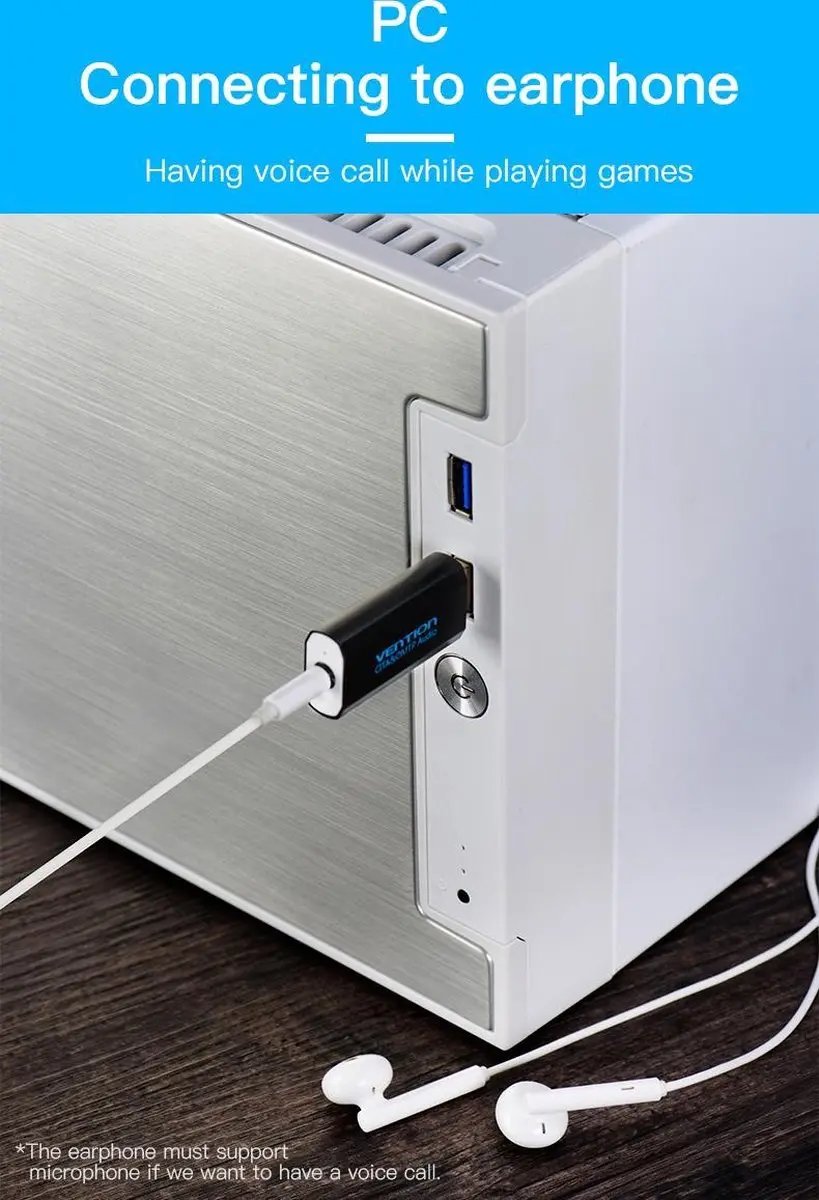 Vention V014-B USB Geluidskaart - 3.5mm AUX/Microfoon - Zwart