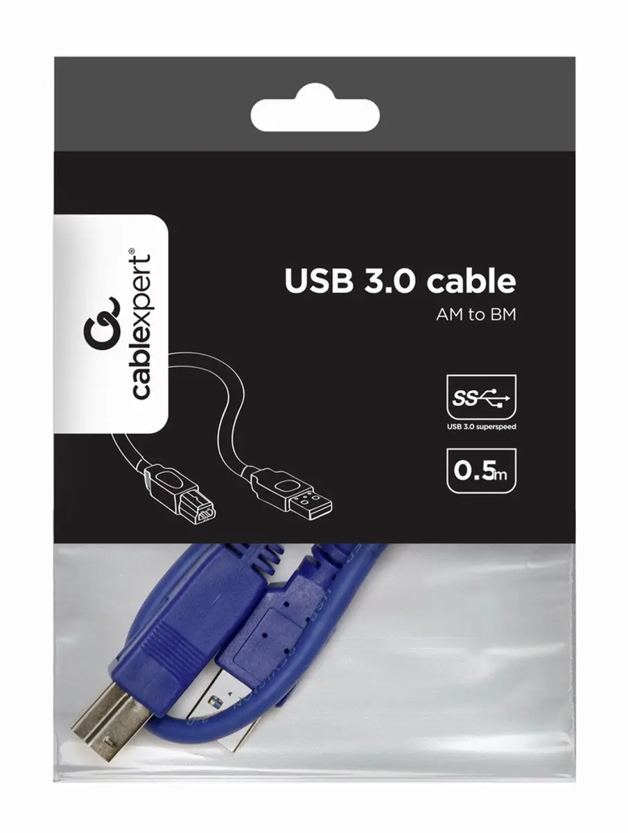 Cablexpert USB-A naar USB-B USB3.0 Kabel 0,5m - Blauw