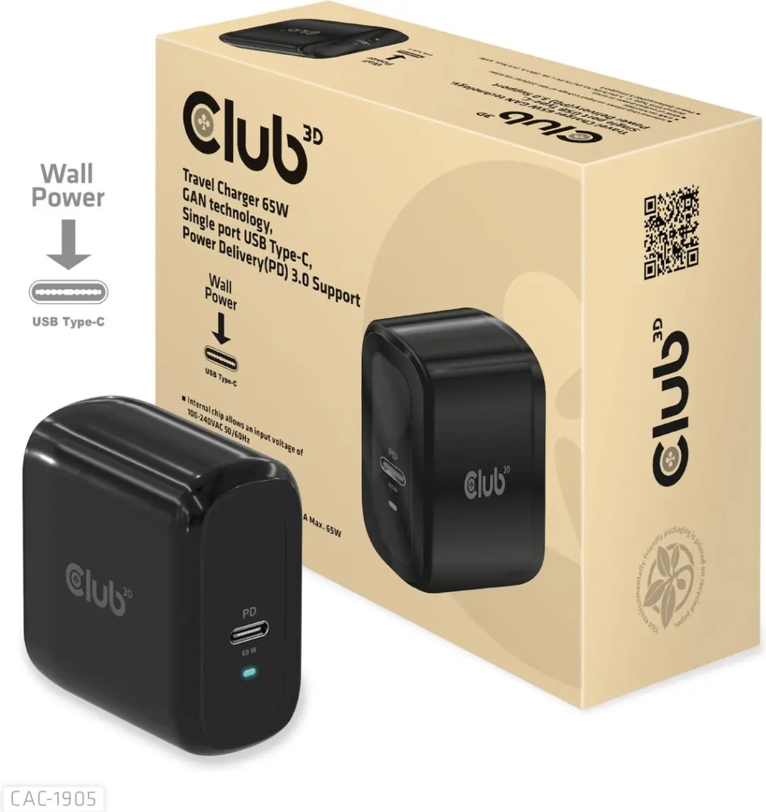 CLUB3D CAC-1905 USB-C Travel Charger 65W - Zwart