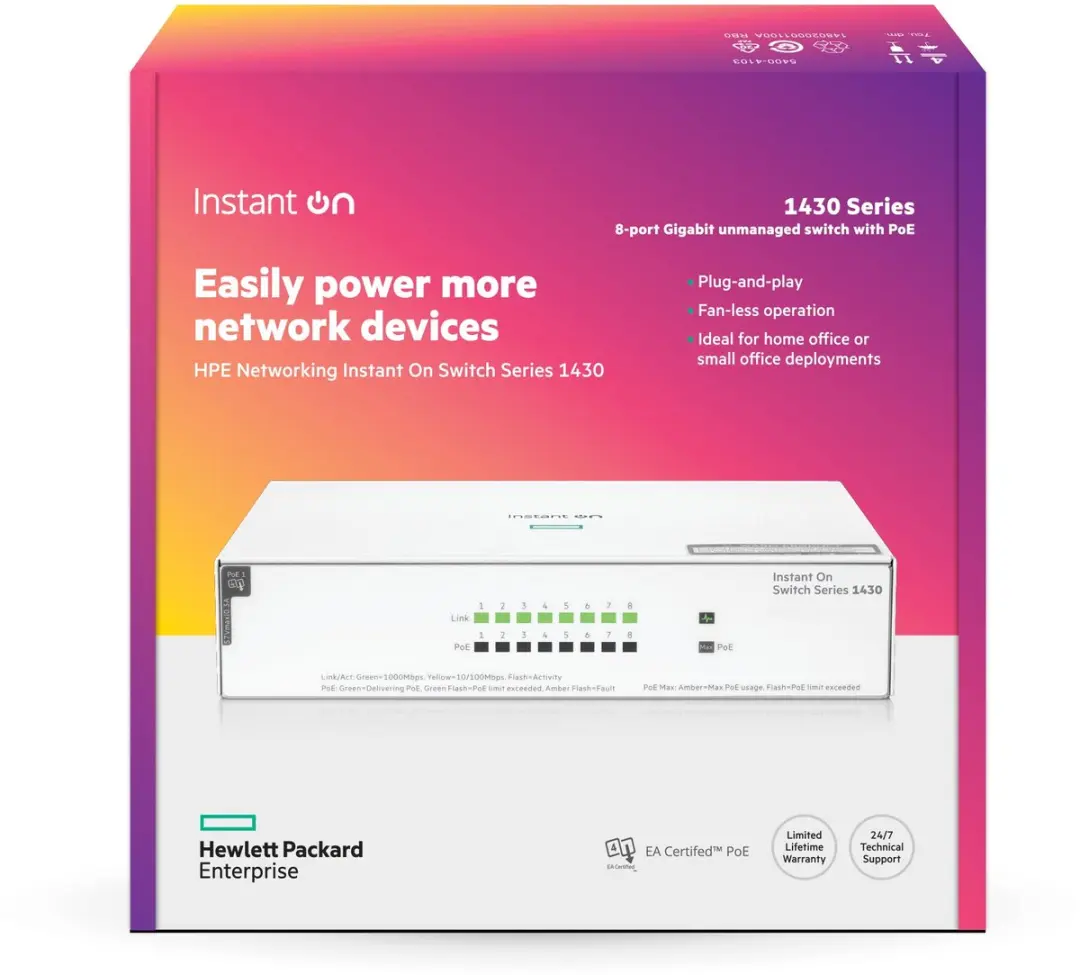 HPE Aruba IOn 1430 8G 64W Switch - 8 PoE-poorten - Wit