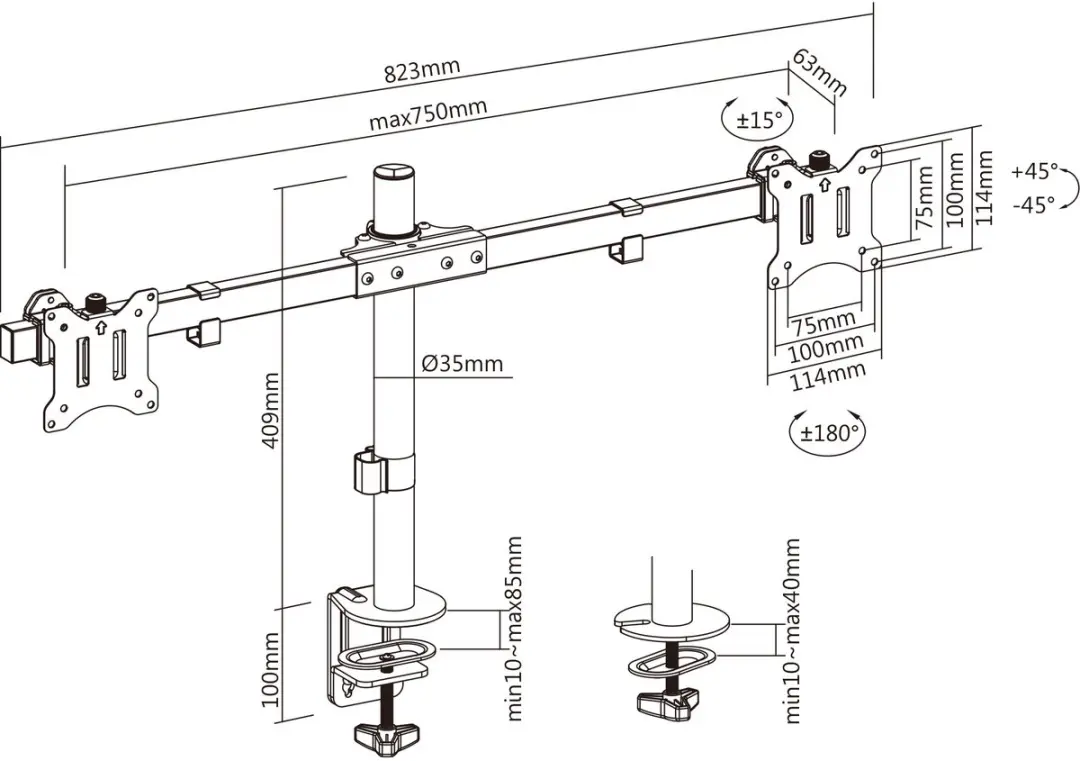 InLine Tafelbevestiging 23108E - 2x LCD/LED tot 81cm - 9kg - Zwart
