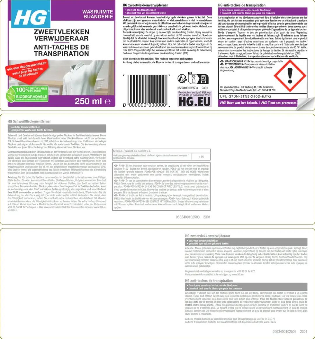 HG Zweetvlekkenverwijderaar 250ml - 25 Wasbeurten