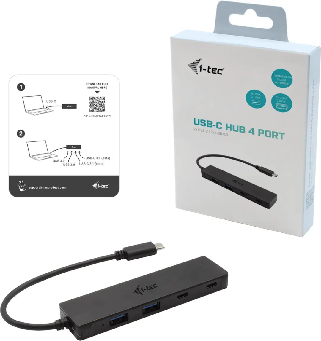 I-tec I-TEC C31HUBMETAL2A2C USB-C Metal Hub - 2x USB-A 3.0 + 2x USB-C 10Gbps - Zwart - afbeelding 6 van 6