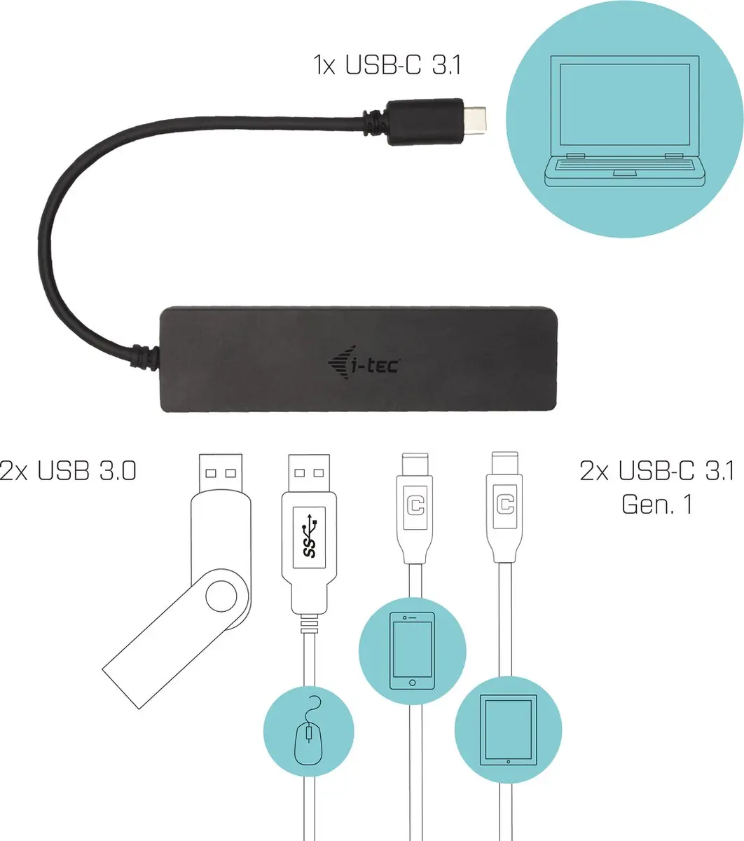 I-tec I-TEC C31HUBMETAL2A2C USB-C Metal Hub - 2x USB-A 3.0 + 2x USB-C 10Gbps - Zwart