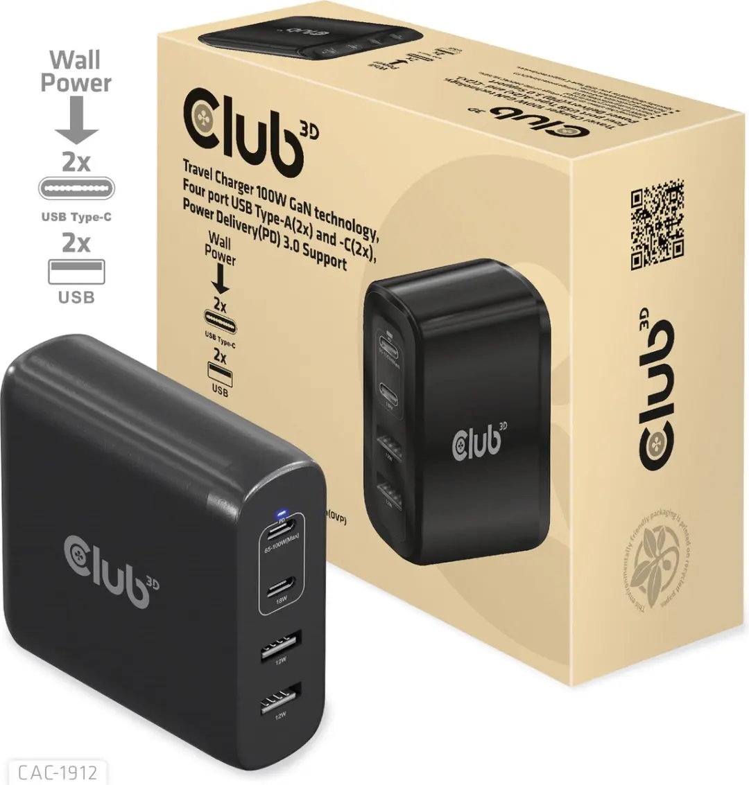 Club3D CAC-1912 Travel Charger 100W - 4x USB - Zwart - afbeelding 6 van 6