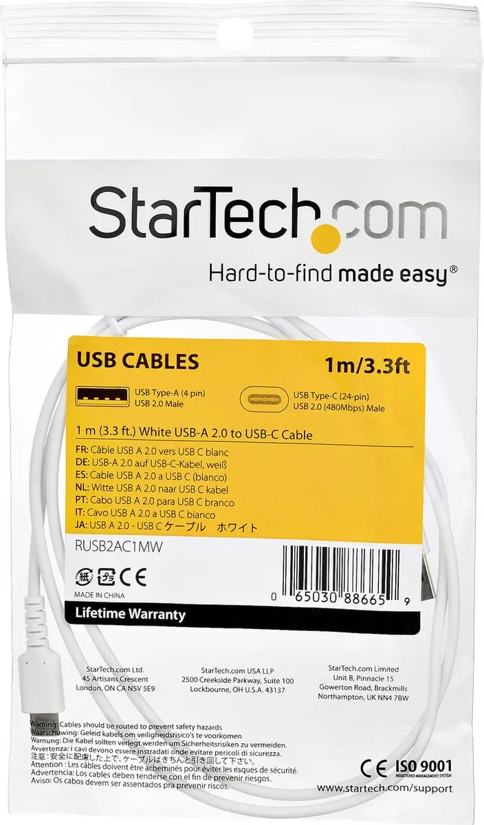 Startech USB-A naar USB-C Kabel 1m - USB 2.0 - Wit - afbeelding 6 van 6
