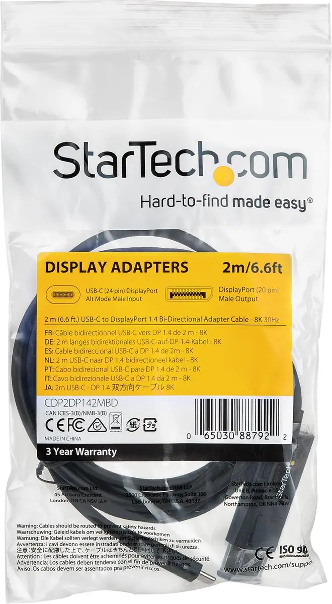 Startech USB-C naar DisplayPort Kabel KD20377 8K 60Hz - 2m